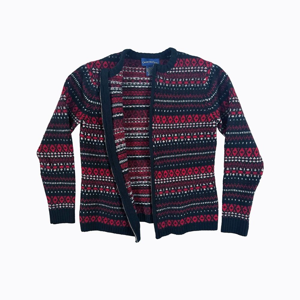 Vintage Fair Isle Black Red Lambswool Cardigan Sweater XS/S Nordic Cozycore Prep
